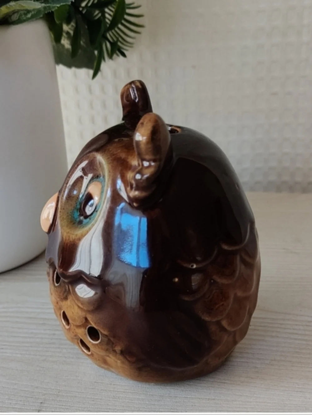Brown Glazed Ceramic Owl Tea Light Candle Holder